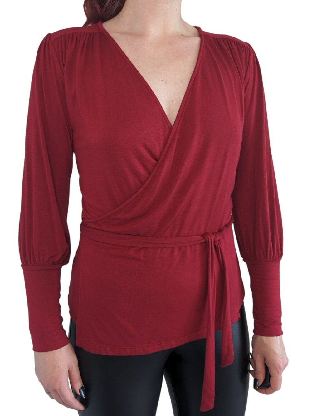 Amour Vert Modal Wrap Top Long Sleeve Red | XS